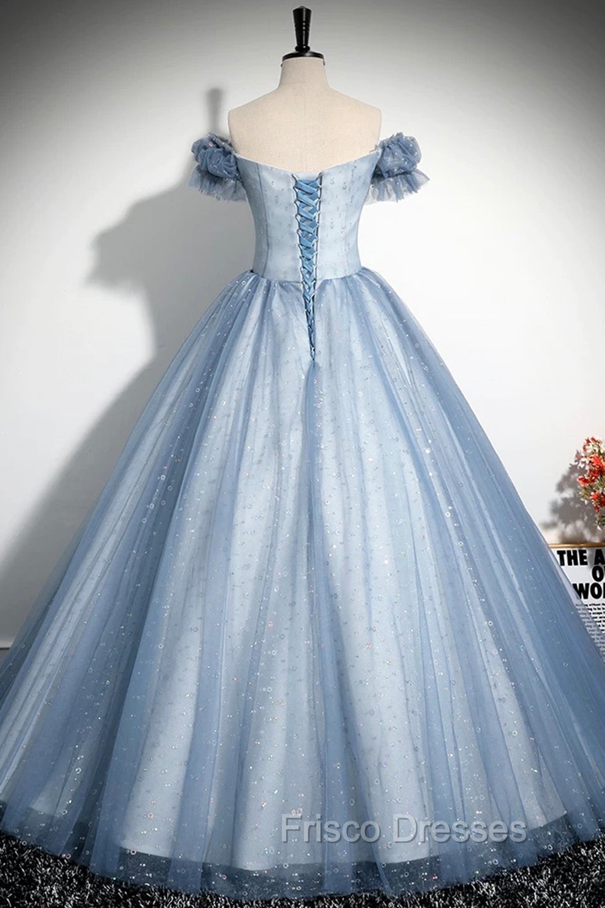 Blue Tulle Sequins Long Formal Prom Dress, Beautiful A-Line Evening Party Dress