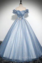 Blue Tulle Sequins Long Formal Prom Dress, Beautiful A-Line Evening Party Dress