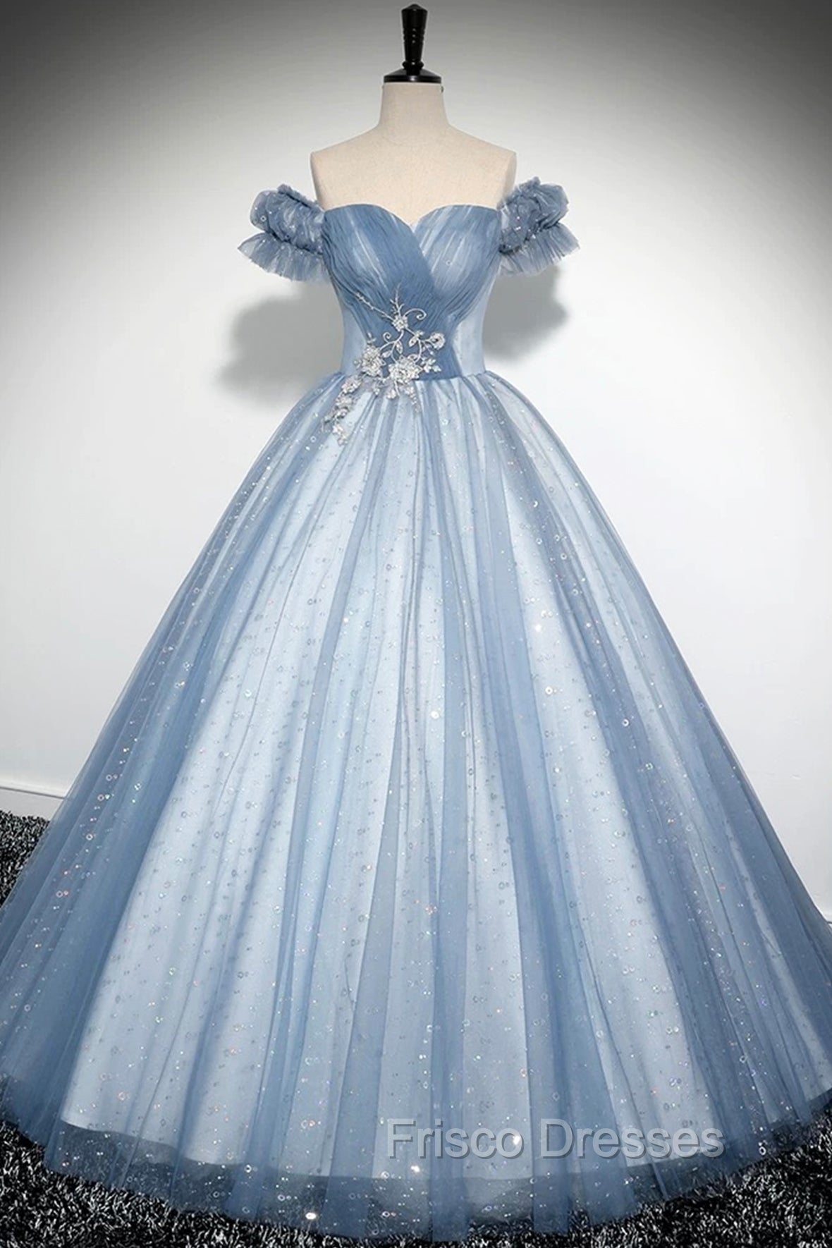Blue Tulle Sequins Long Formal Prom Dress, Beautiful A-Line Evening Party Dress