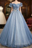 Blue Tulle Sequins Long Formal Prom Dress, Beautiful A-Line Evening Party Dress