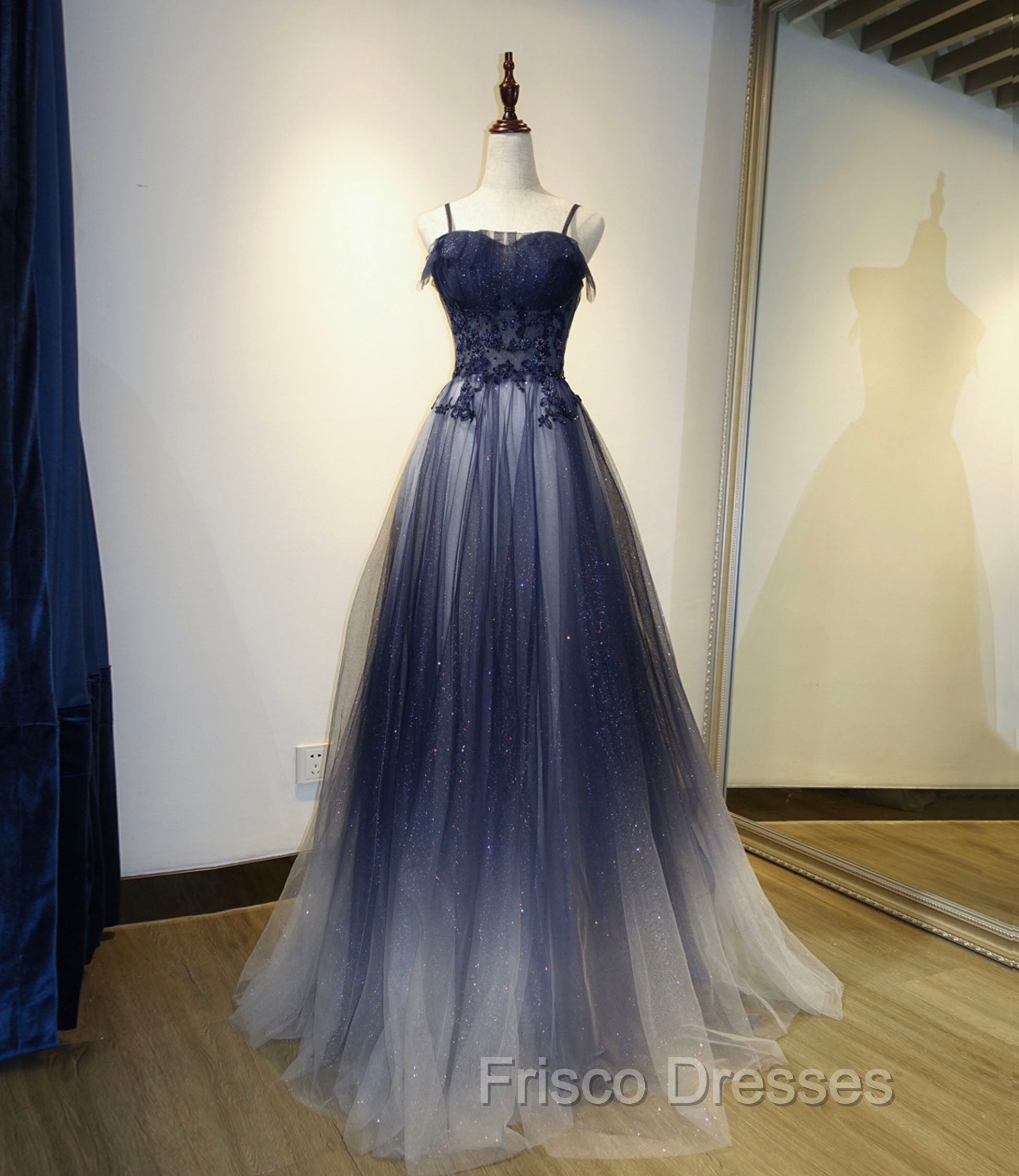 Blue tulle sequins long Formal Prom Dress blue evening Dress