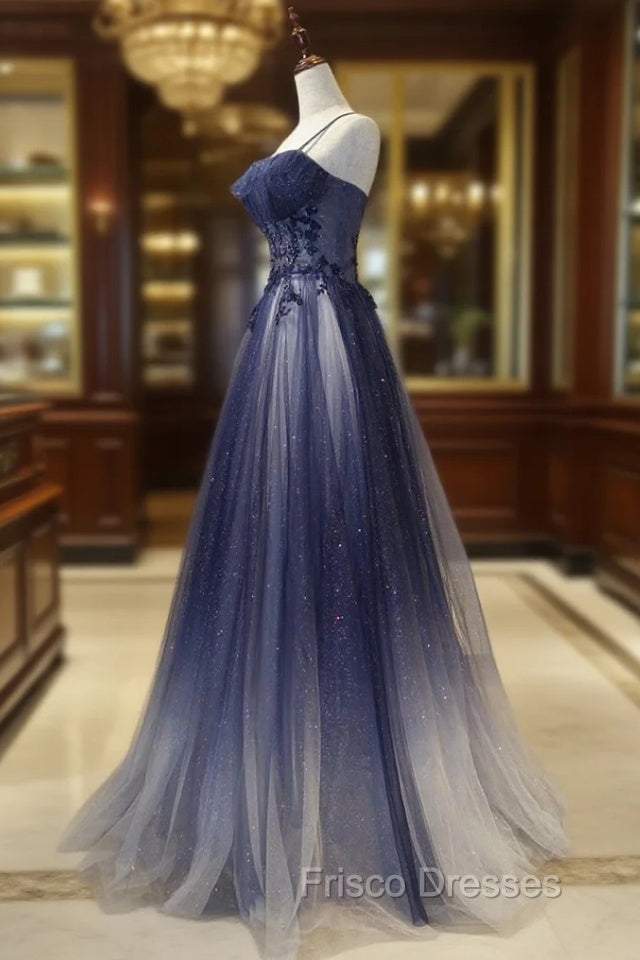 Blue tulle sequins long Formal Prom Dress blue evening Dress