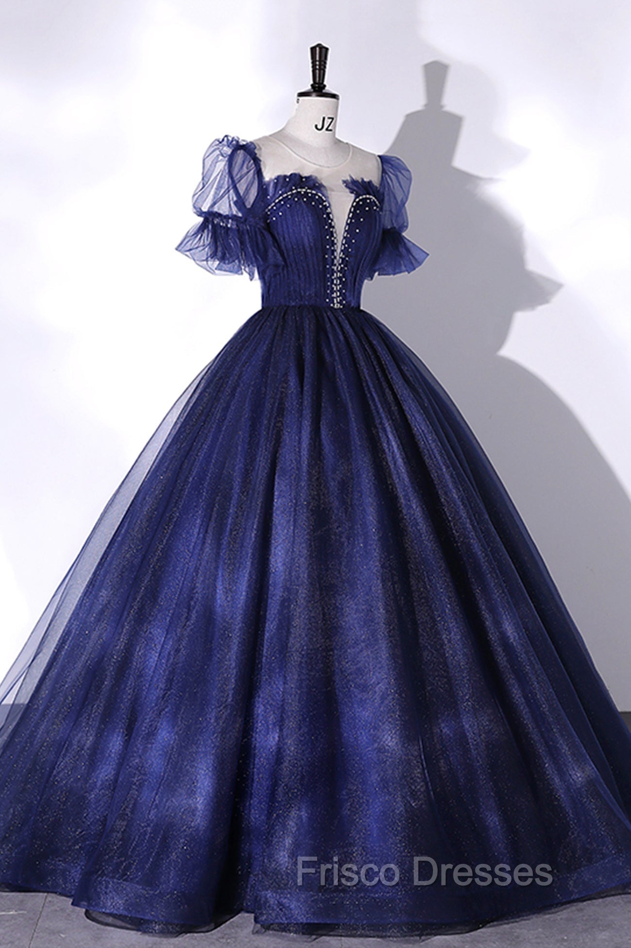 Blue Tulle Sequins Long Formal Prom Dress Blue Evening Gown