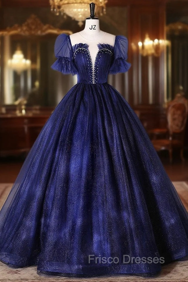 Blue Tulle Sequins Long Formal Prom Dress Blue Evening Gown