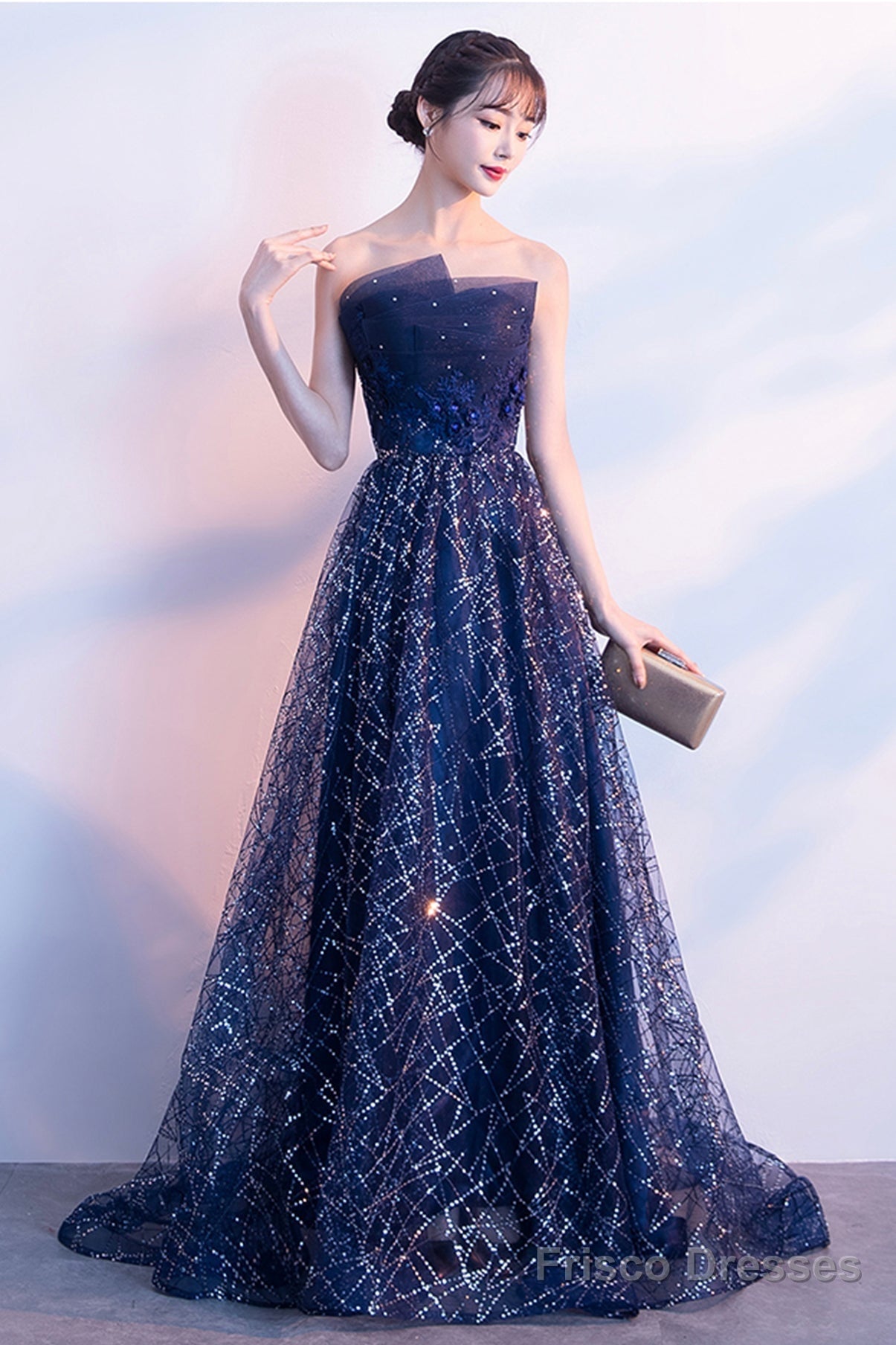 Blue Tulle Sequins Long Prom Dresses, A-Line Strapless Evening Dresses Main image