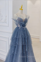 Blue Tulle Sequins Long Formal Prom Gown, Blue Spaghetti Straps Formal Evening Dress