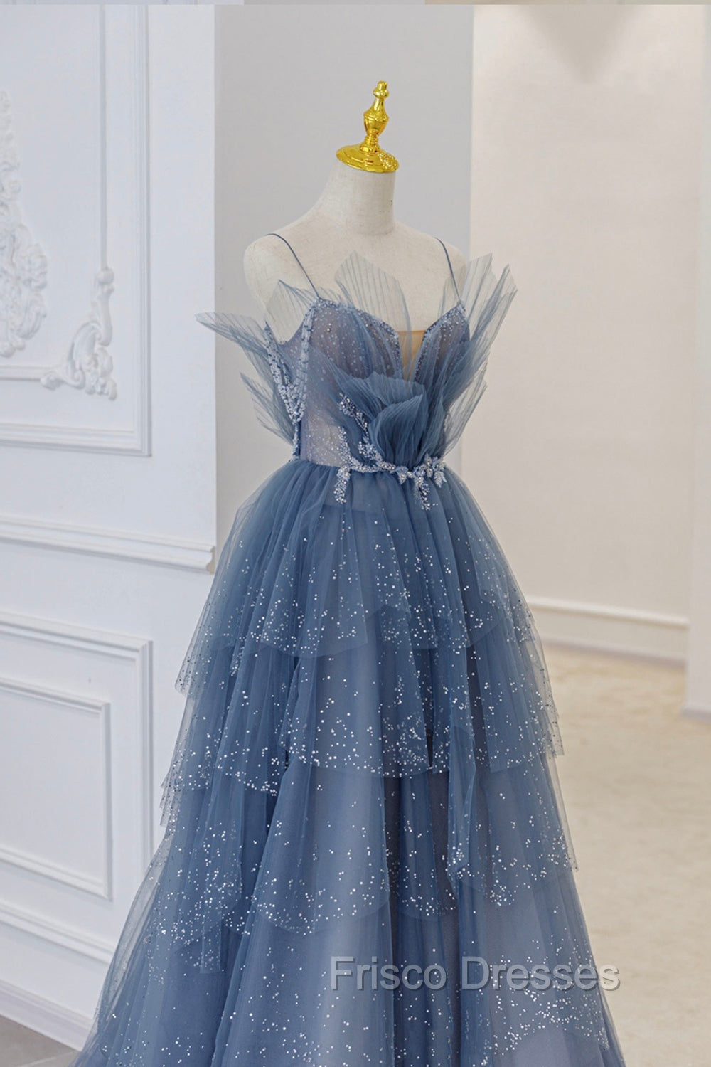 Blue Tulle Sequins Long Formal Prom Gown, Blue Spaghetti Straps Formal Evening Dress