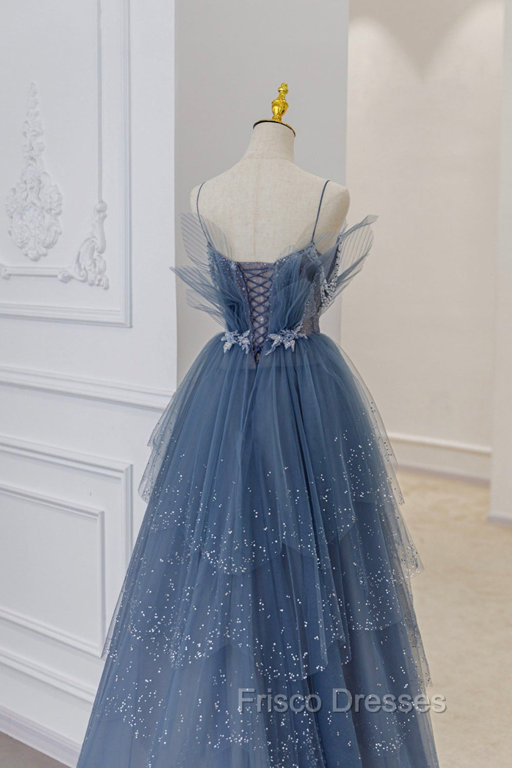 Blue Tulle Sequins Long Formal Prom Gown, Blue Spaghetti Straps Formal Evening Dress