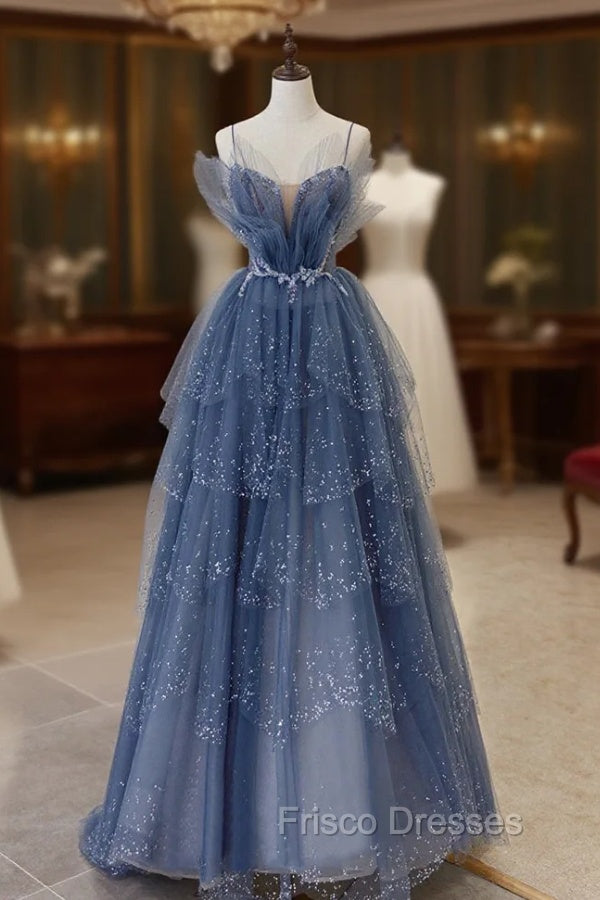 Blue Tulle Sequins Long Formal Prom Gown, Blue Spaghetti Straps Formal Evening Dress Main image