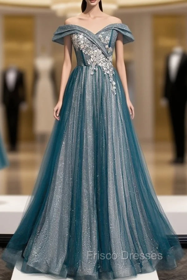 Blue Tulle Sequins Off the Shoulder Appliques Formal Prom Dress Main image