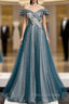 Blue Tulle Sequins Off the Shoulder Appliques Formal Prom Dress
