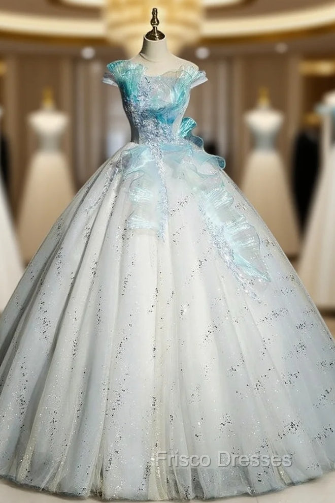 Blue Tulle Sequins Off the Shoulder Appliques Quinceanera Dress Main image