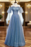 Blue Tulle Sequins Off the Shoulder Beading Pleats Formal Prom Dress