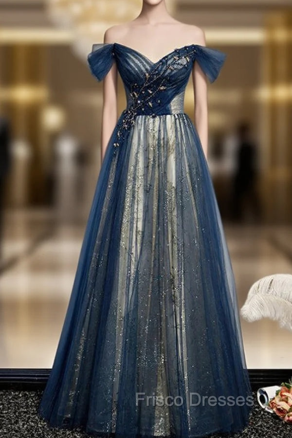 Blue Tulle Sequins Off the Shoulder Beading Formal Prom Dress Main image