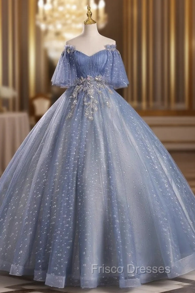 Blue Tulle Sequins Off the Shoulder Beading Quinceanera Dress