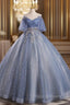 Blue Tulle Sequins Off the Shoulder Beading Quinceanera Dress