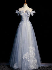 Blue Tulle Sequins Off the Shoulder Bow Pearls Prom Dress