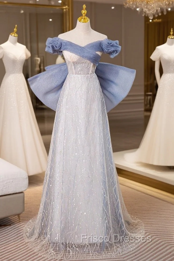 Blue Tulle Sequins Off the Shoulder Bow Formal Prom Dress Main image