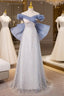 Blue Tulle Sequins Off the Shoulder Bow Formal Prom Dress