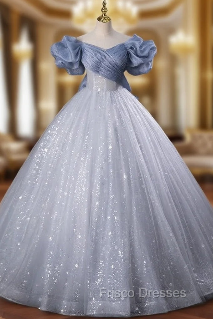 Blue Tulle Sequins Off the Shoulder Bow Quinceanera Dress Main image