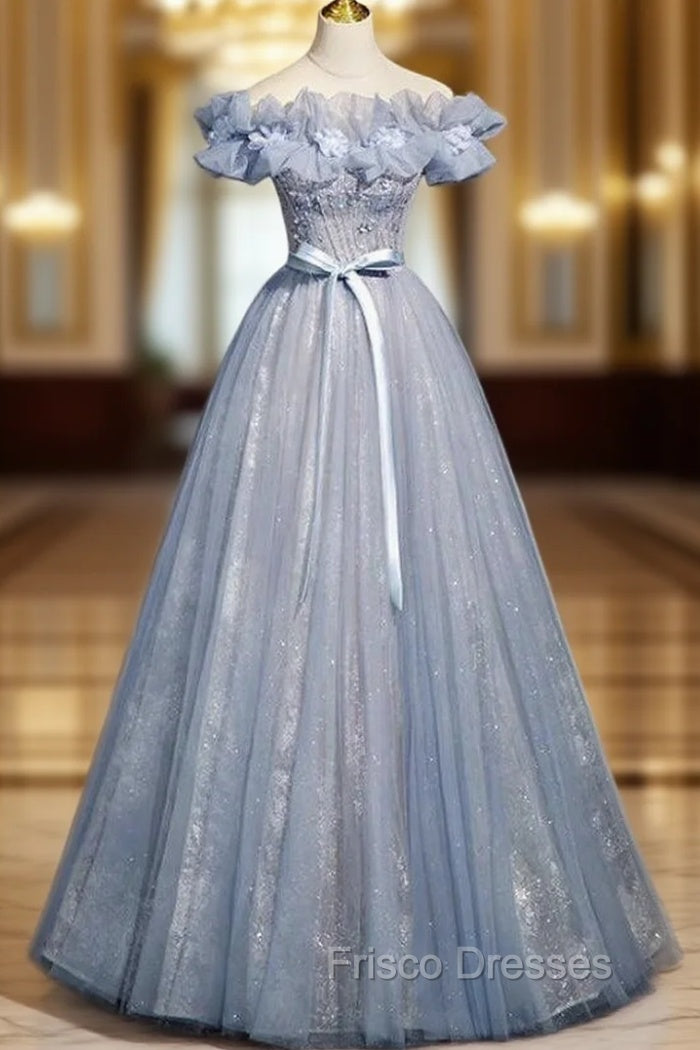 Blue Tulle Sequins Off the Shoulder Flower Beading Formal Prom Dress