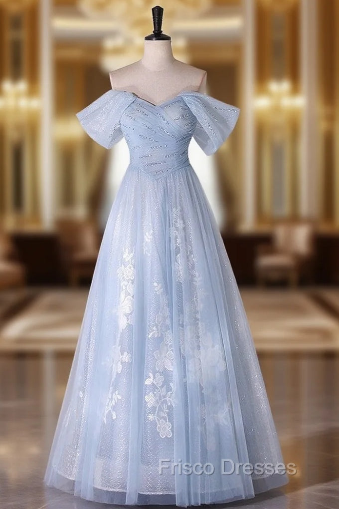 Blue Tulle Sequins Off the Shoulder Lace Beading Formal Prom Dress