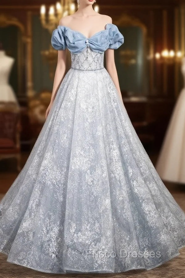 Blue Tulle Sequins Off the Shoulder Pearls Formal Prom Dress