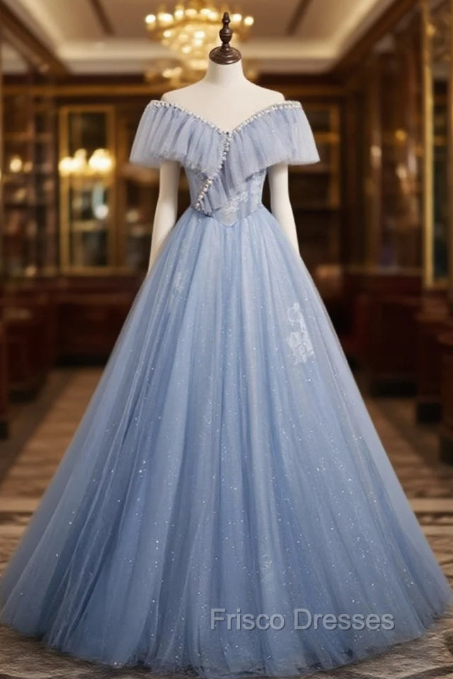 Blue Tulle Sequins Off the Shoulder Pearls Formal Prom Dress Main image