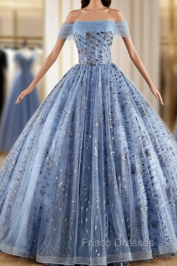 Blue Tulle Sequins Off the Shoulder Pearls Quinceanera Dress Main image