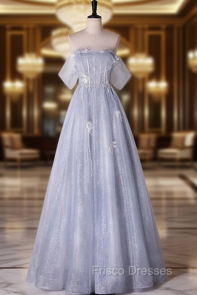 Blue tUlle Sequins Off the Shoulder Formal Prom Dress