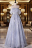 Blue tUlle Sequins Off the Shoulder Formal Prom Dress