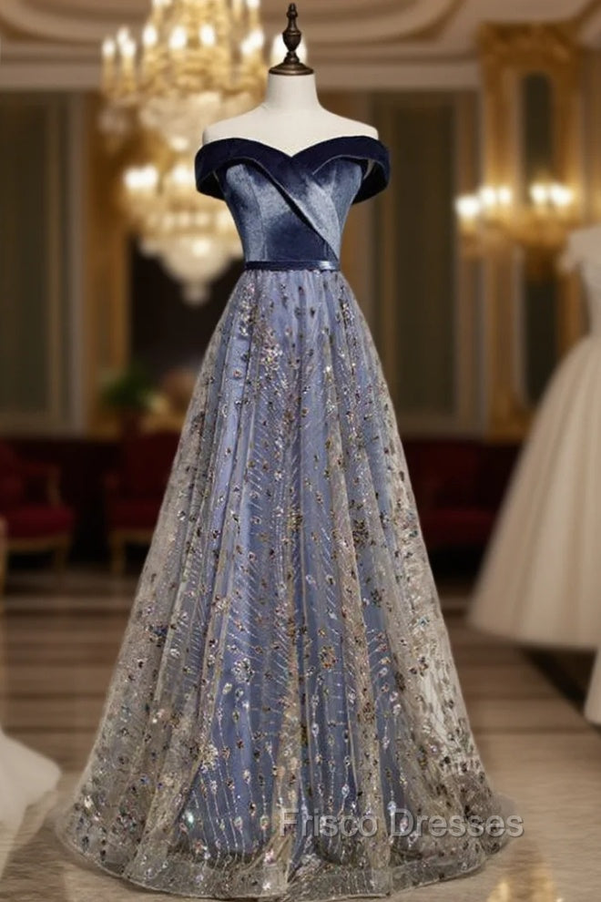 Blue Tulle Sequins Off the Shoulder Formal Prom Dress Main image