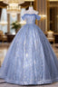 Blue Tulle Sequins Off the Shoulder Quinceanera Dress