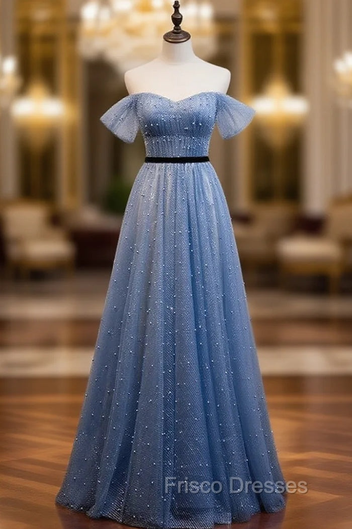 Blue Tulle Sequins Pearls Pleats Formal Prom Dress