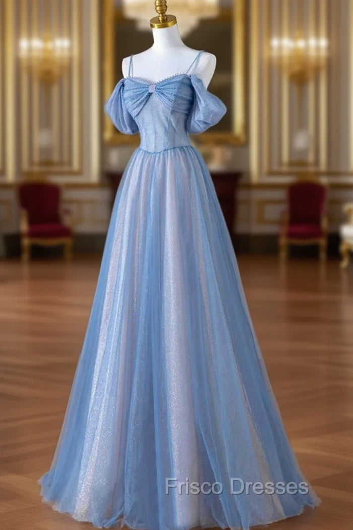 Blue Tulle Sequins Pearls Spaghetti Straps Formal Prom Dress