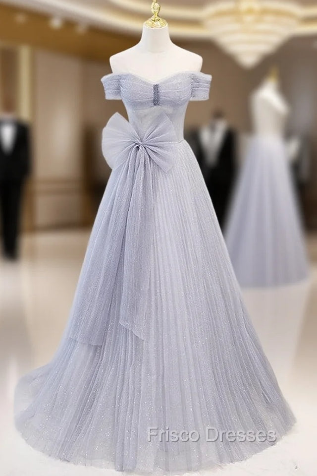 Blue Tulle Sequins Pleats Bow Formal Prom Dress Main image