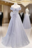 Blue Tulle Sequins Pleats Bow Formal Prom Dress