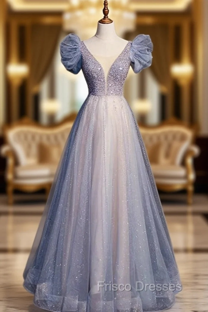 Blue Tulle Sequins Puff Beading Formal Prom Dress