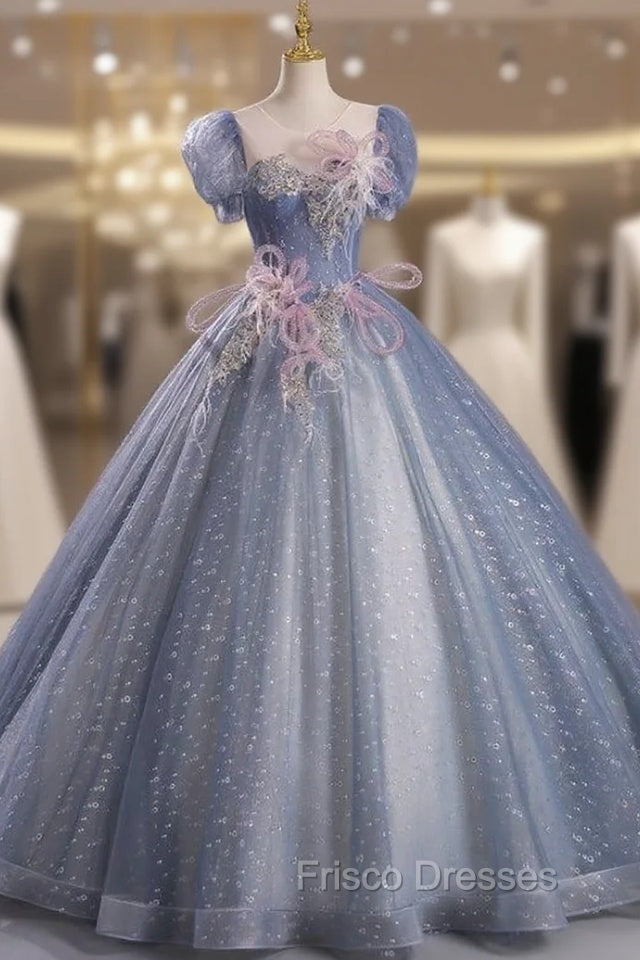 Blue Tulle Sequins Puff Sleeve Backless Beading Quinceanera Dress Main image