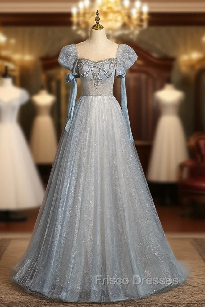 Blue Tulle Sequins Puff Sleeve Beading Formal Prom Dress Main image