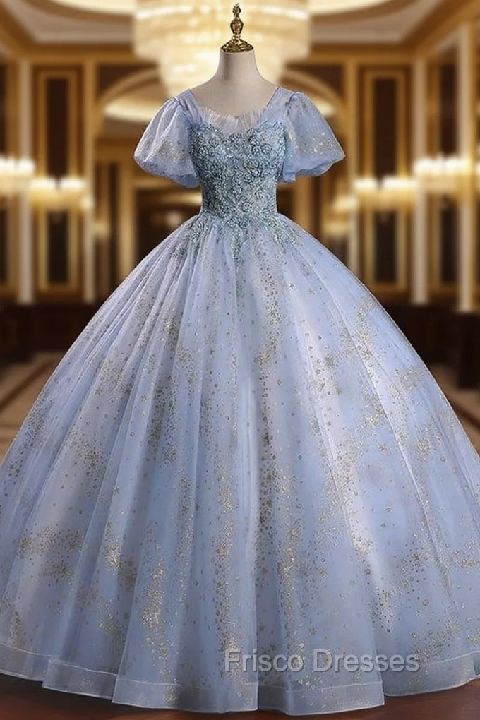 Blue Tulle Sequins Puff Sleeve Beading Quinceanera Dress Main image