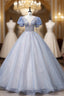 Blue Tulle Sequins See Through V-neck Puff Sleeve Beading Quinceanera Dress