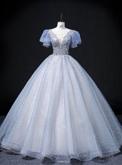 Blue Tulle Sequins See Through V-neck Puff Sleeve Beading Quinceanera Dress