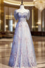 Blue Tulle Sequins Short Sleeve Beading Formal Prom Dress
