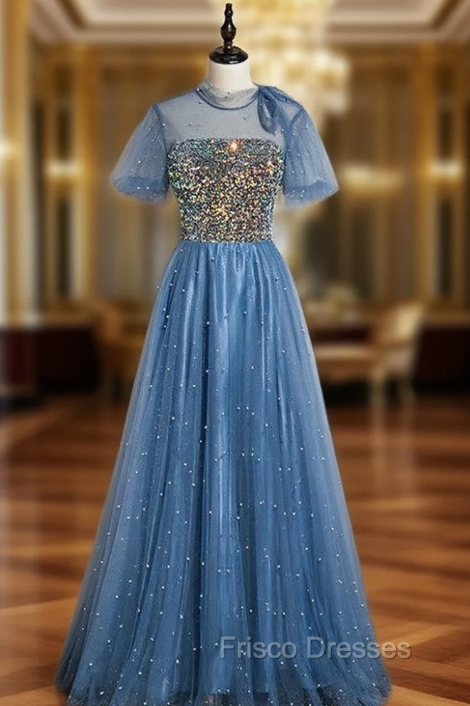 Blue Tulle Sequins Short Sleeve Open Back Formal Prom Dress
