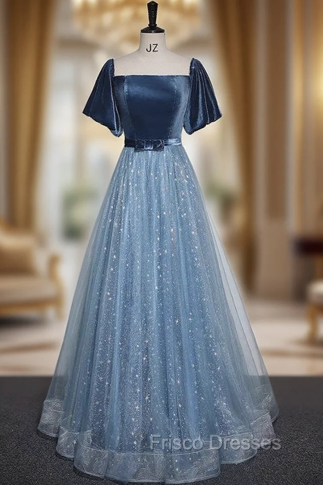 Blue Tulle Sequins Short Sleeve Velvet Formal Prom Dress Main image