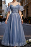 Blue Tulle Sequins Spagehtti Straps Beading Formal Prom Dress