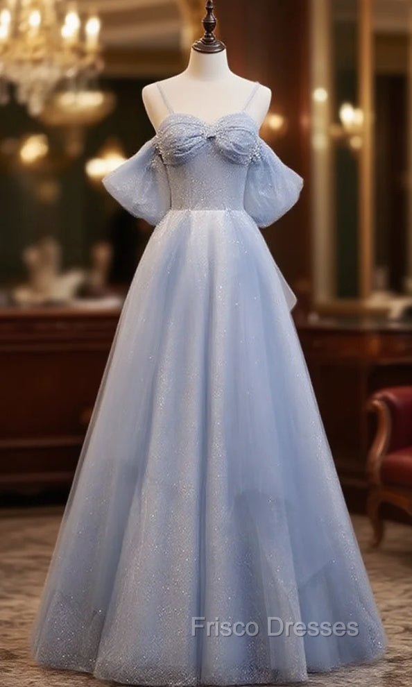 Blue Tulle Sequins Spaghetti Straps Beading Formal Prom Dress Main image