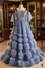 Blue Tulle Sequins Spaghetti Straps Tiers Formal Prom Dress
