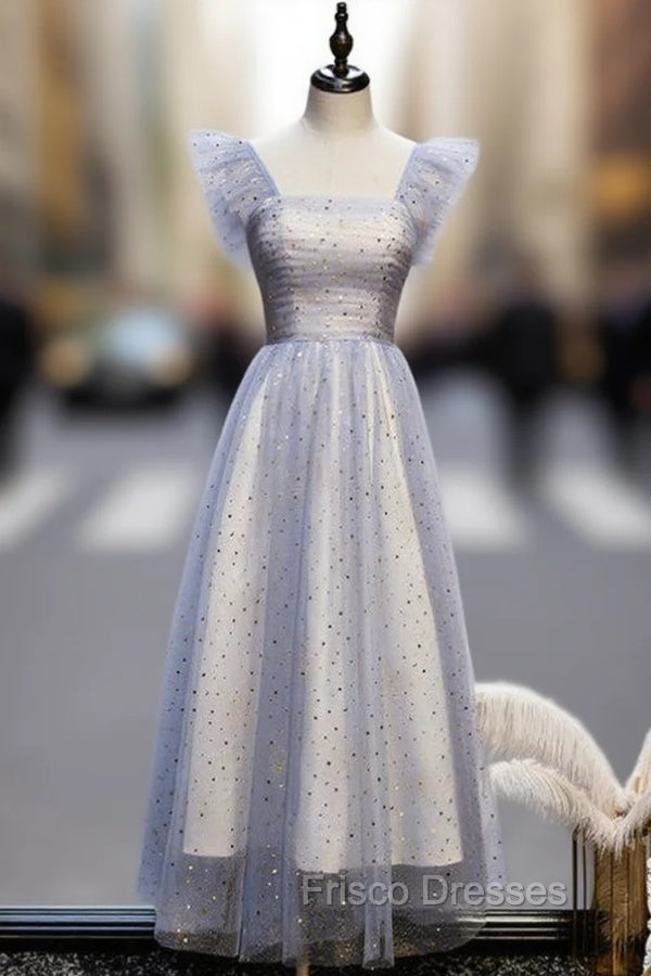 Blue Tulle Sequins Square Ankle Length Formal Prom Dress Main image